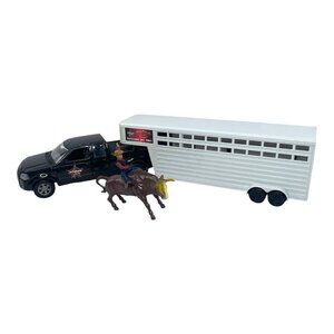 New-Ray PBR Pickup Truck and Cattle Trailer with Bull and Rider Playset Kids Toy